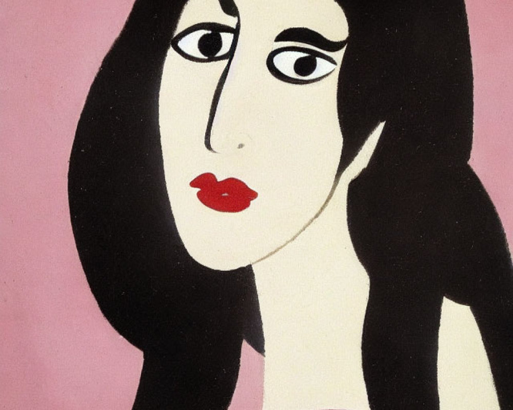 Portrait of woman with black hair, pale skin, pink top, red lips, against pink background