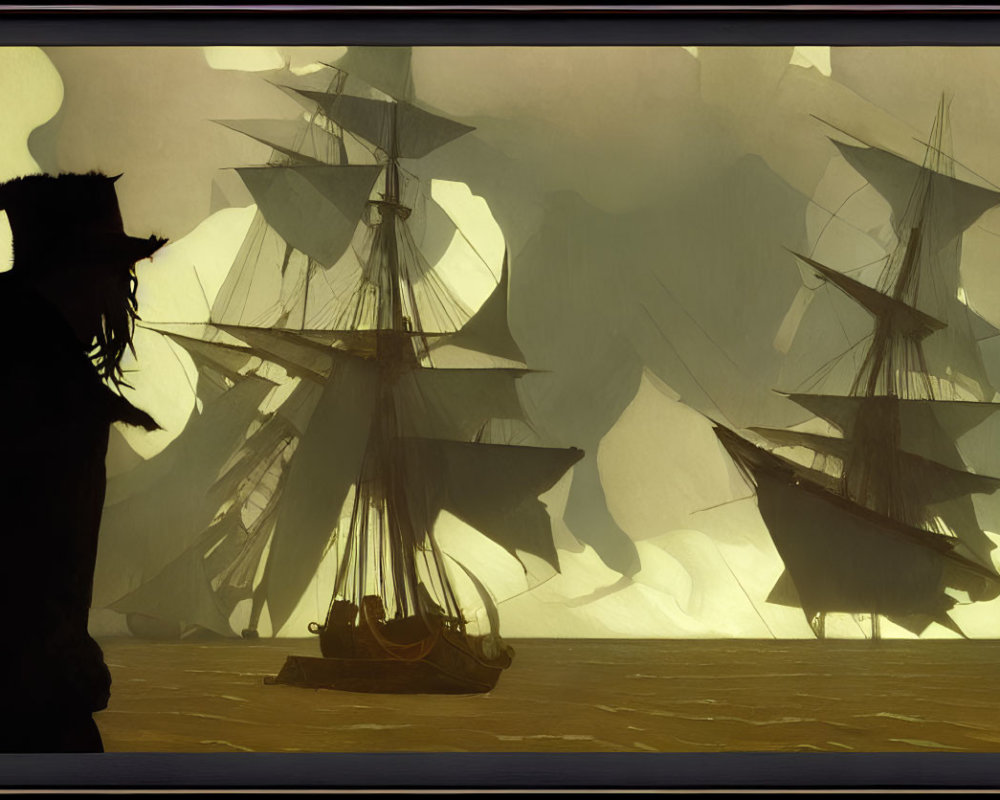 Silhouette of person in hat watching tall ships on golden sea with abstract shapes