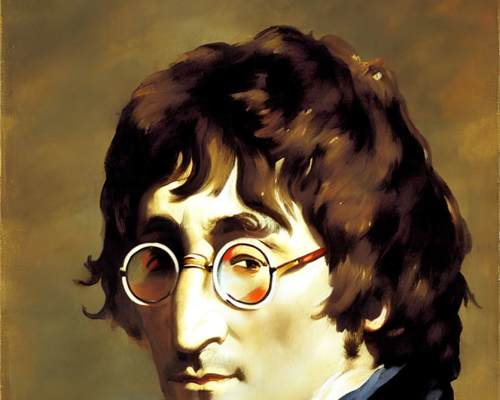 Man with Curly Brown Hair in Round Glasses and Black Coat on Yellow-Brown Gradient Background