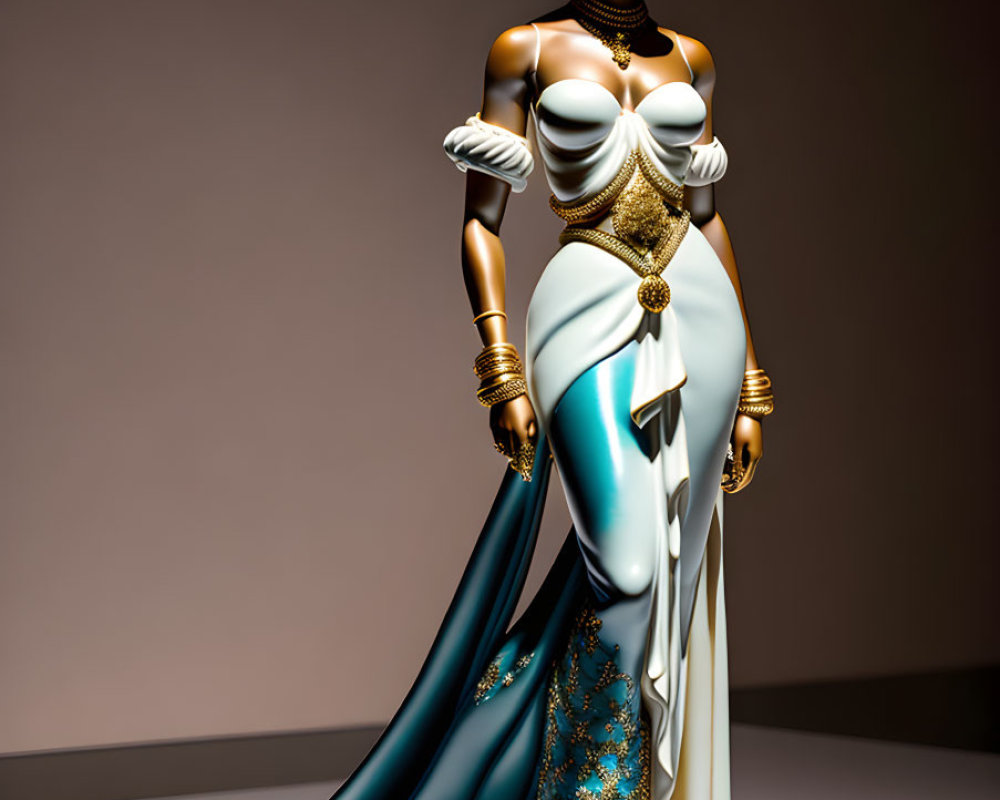 Blue-skinned woman figurine in gold and white dress on pedestal