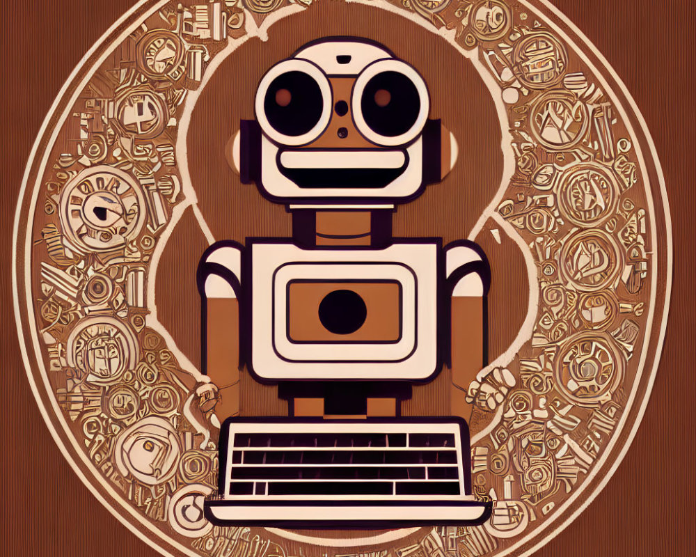 Vintage robot illustration on brown background with intricate mechanical patterns