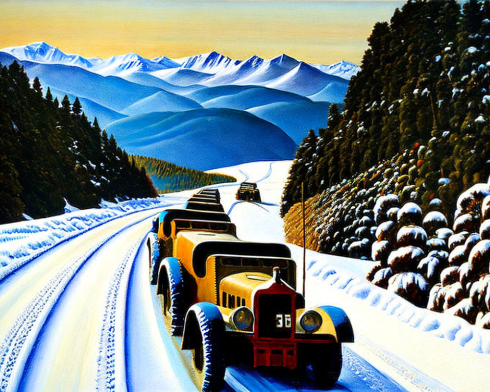 Vintage Yellow and Black Car Driving on Snowy Mountain Road