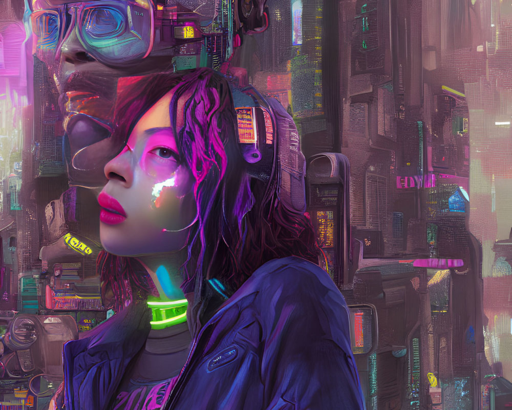 Colorful Cyberpunk Portrait with Headset and Goggles in Neon-lit Urban Setting