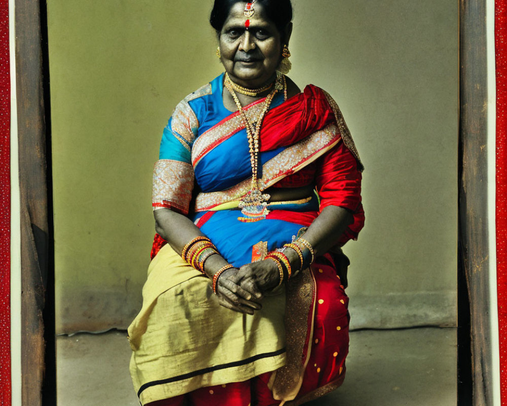 Traditional Indian attire woman with colorful bangles and jewelry smiling against simple backdrop