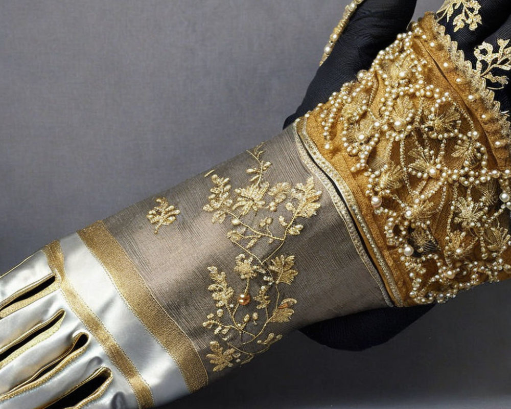 Gold and Beige Beaded Glove with Metallic Embroidery on Grey Background