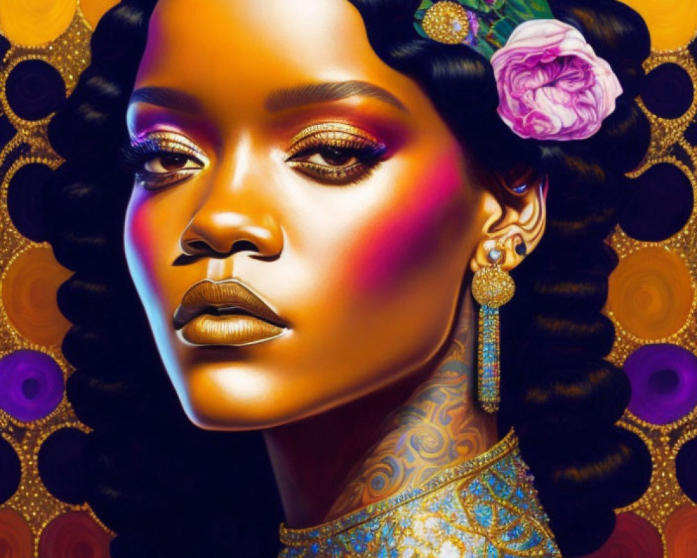 Colorful portrait of woman with bold makeup, jewelry, and flowers on golden backdrop