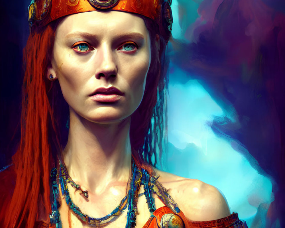 Vibrant digital portrait of woman with red hair and golden crown on blue and red backdrop