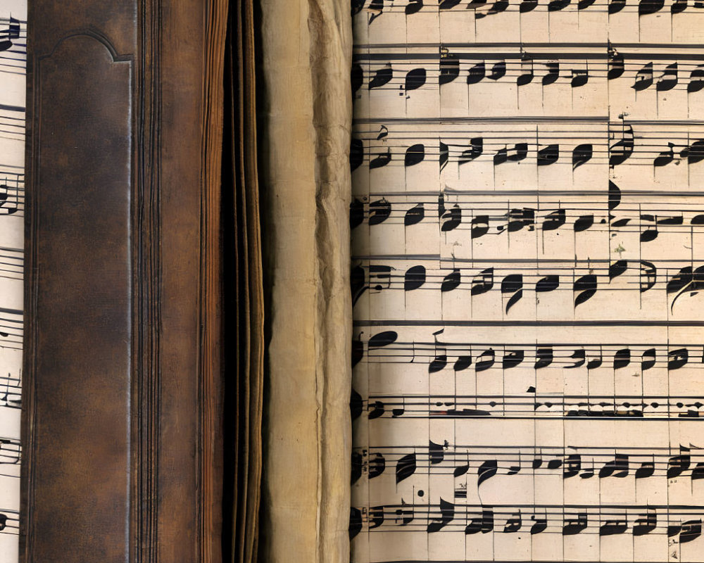 Vintage leather-bound book next to sheet of music with black notes