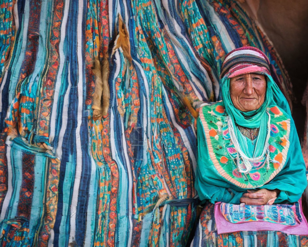 Elderly Woman in Vibrant Green Garment and Headscarf Against Colorful Textile