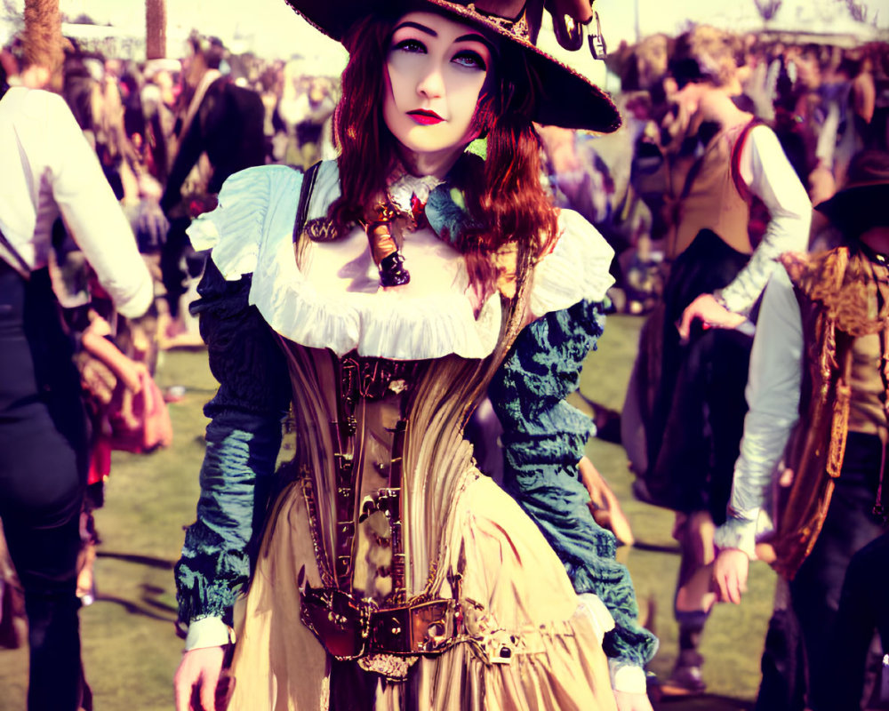 Elaborate steampunk costume with corset and ruffled blouse outdoors