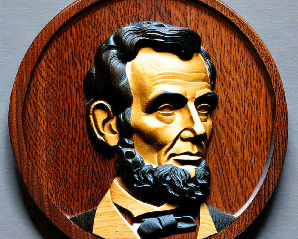 Circular plaque with wooden relief carving of bearded man.