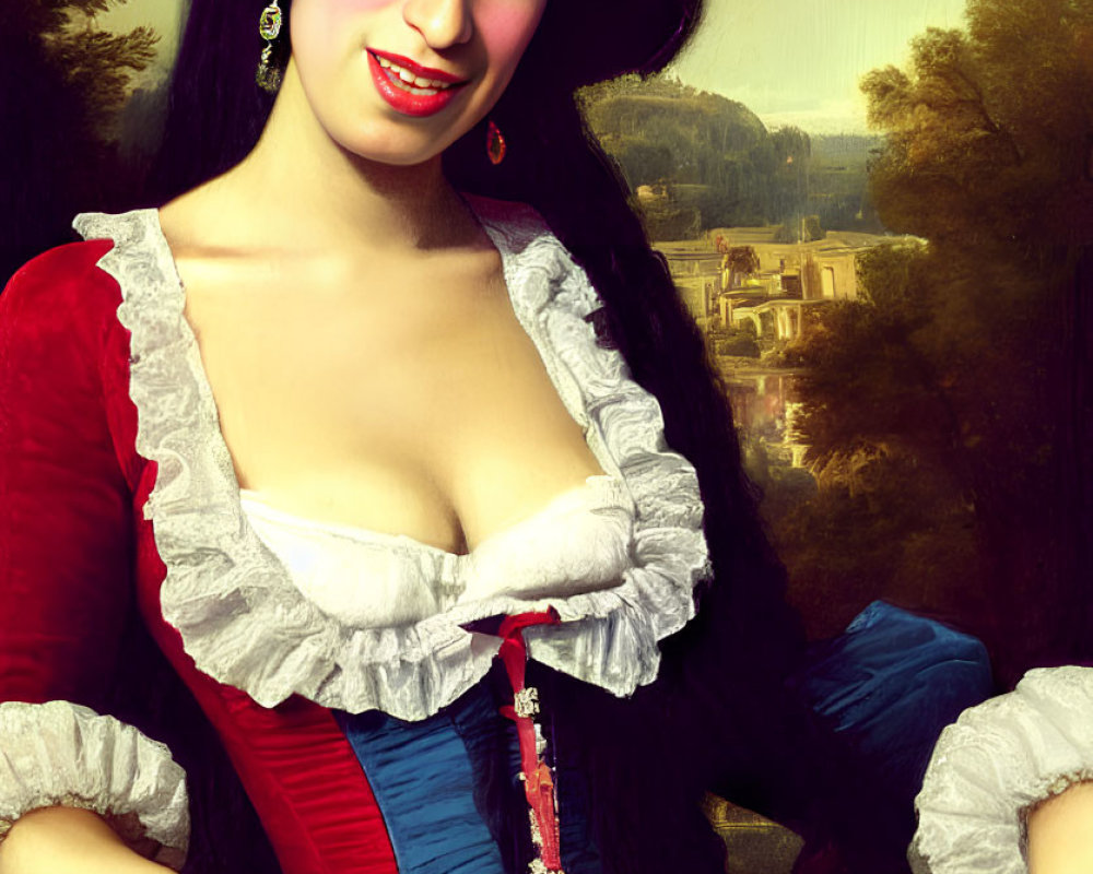 18th-Century Woman in Red Dress with Countryside Estate