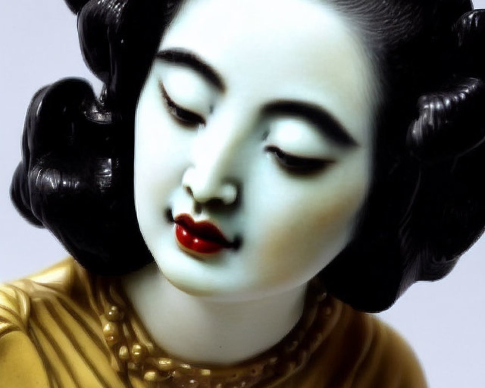 Porcelain figurine of woman with black hair, gold blouse, and pearl necklace