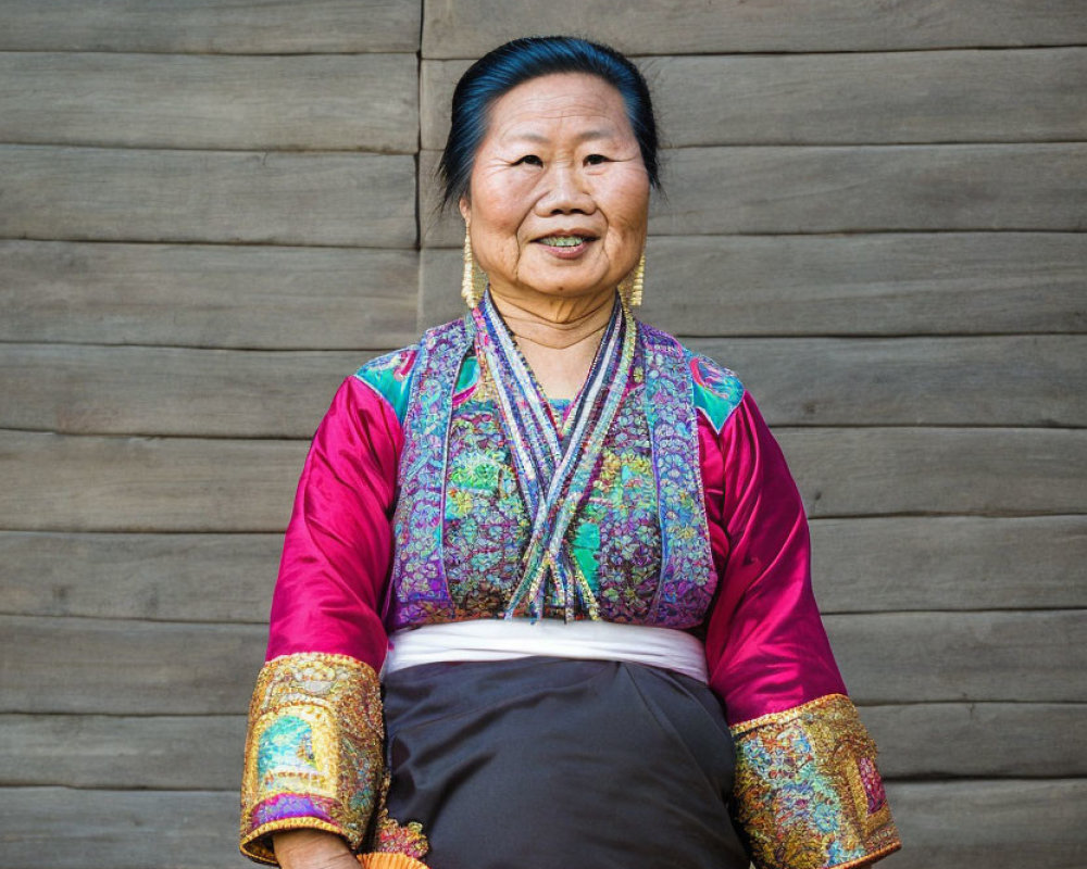 Elderly Woman in Colorful Traditional Attire with Hand Fans