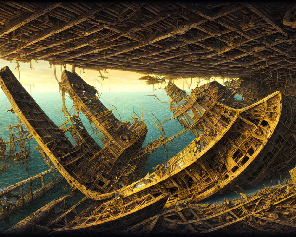 Interconnected wooden ship labyrinth above serene ocean