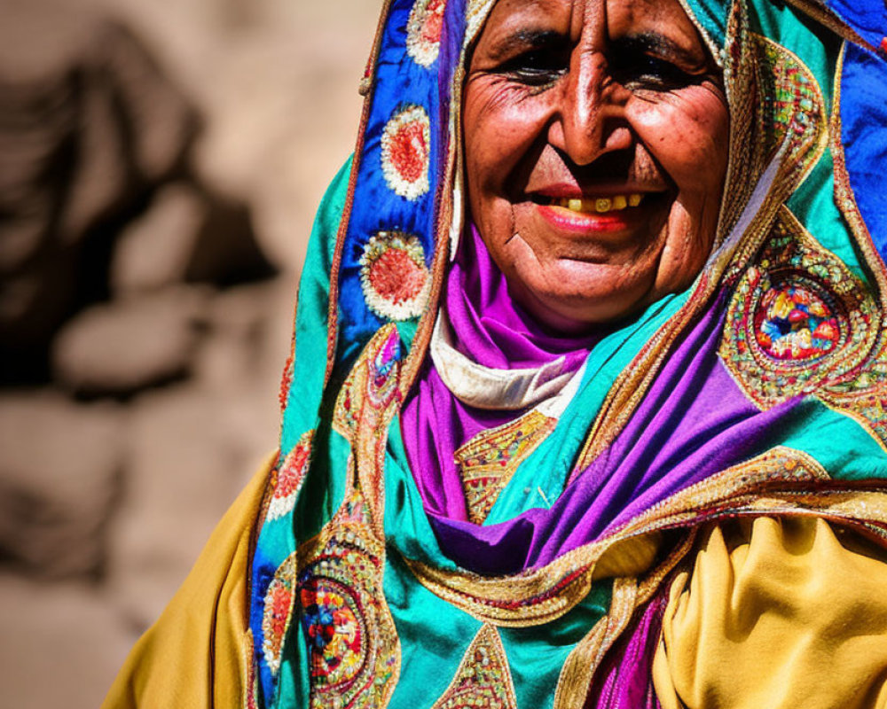 Smiling woman in colorful embroidered headscarf on sunny day