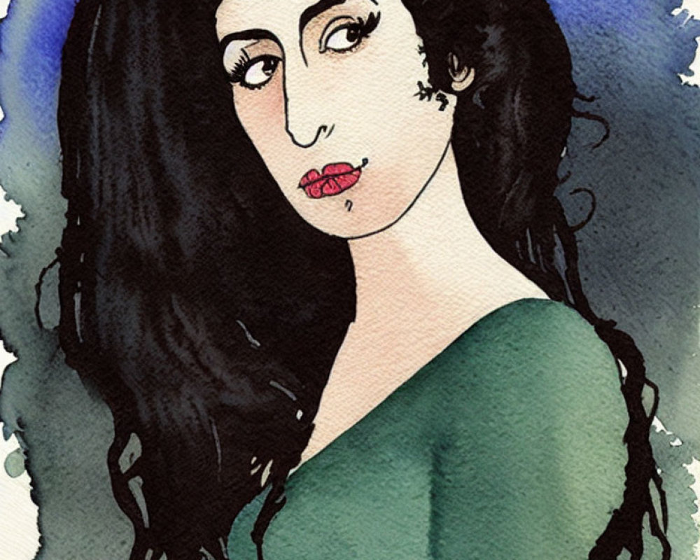 Illustration of woman with black hair, pale skin, red lipstick on blue watercolor background