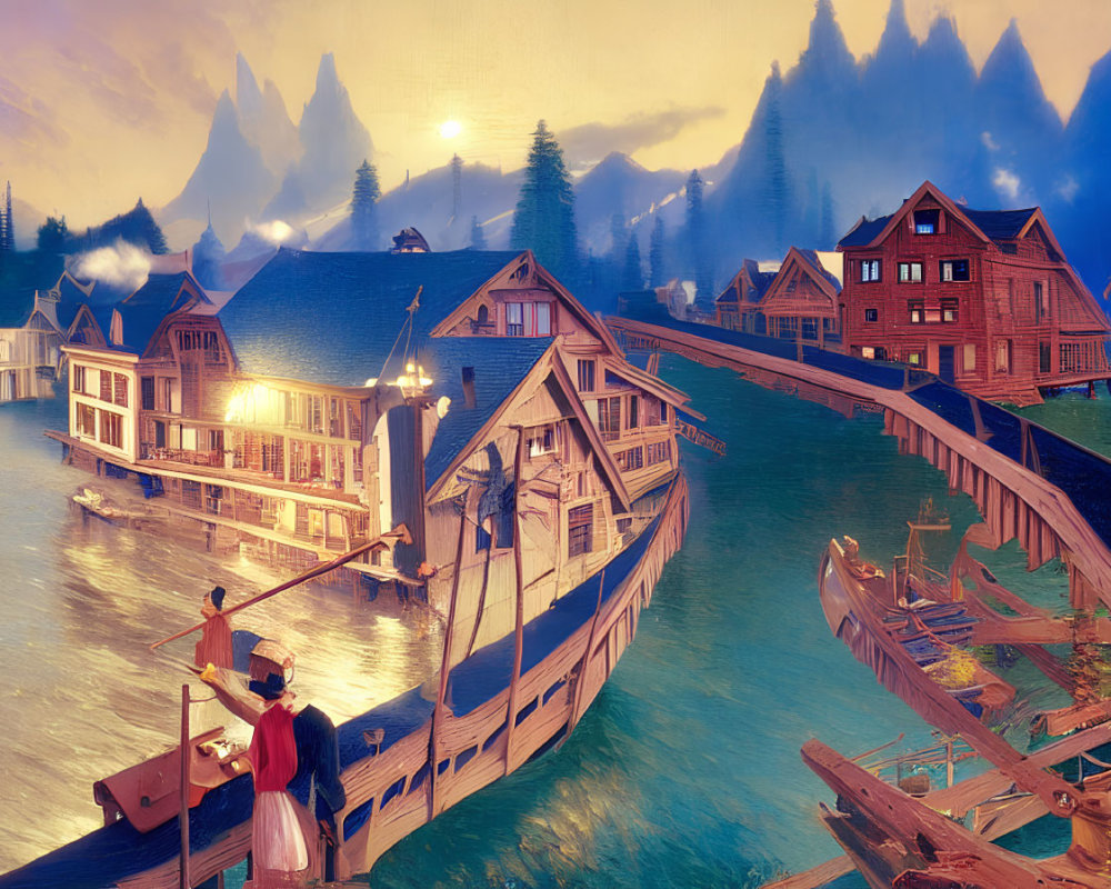 Scenic lakeside village with wooden bridges, houses, and mountains at sunset