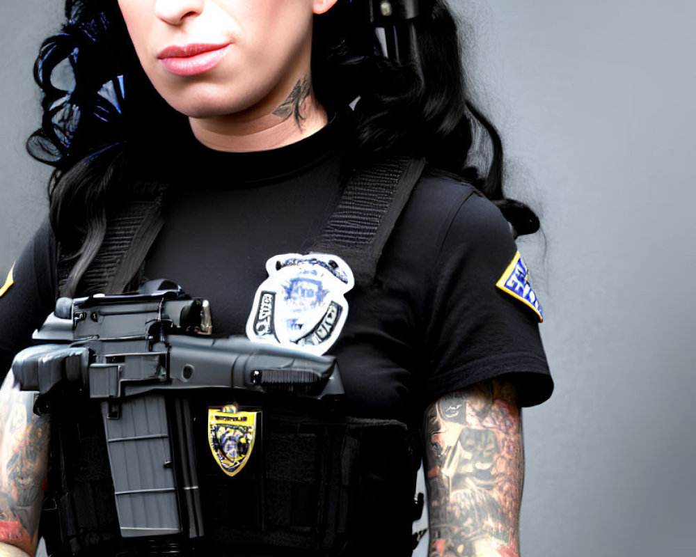 Dark-Haired Woman in Beehive Hairstyle & Tactical Police Gear Pose on Grey Background