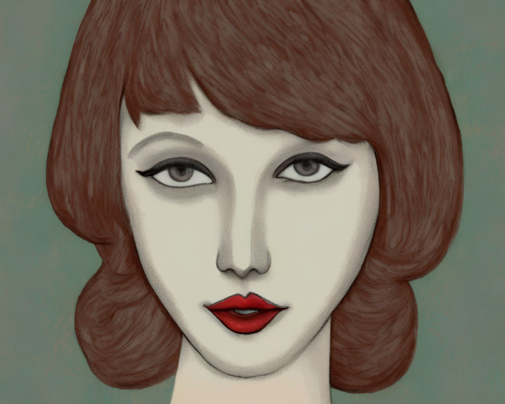 Illustrated portrait of a woman with bob haircut and red lips on teal background