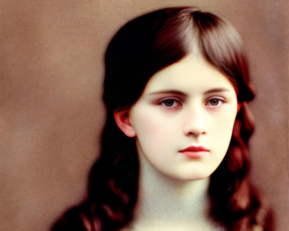 Young girl portrait with dark hair and piercing eyes on sepia background