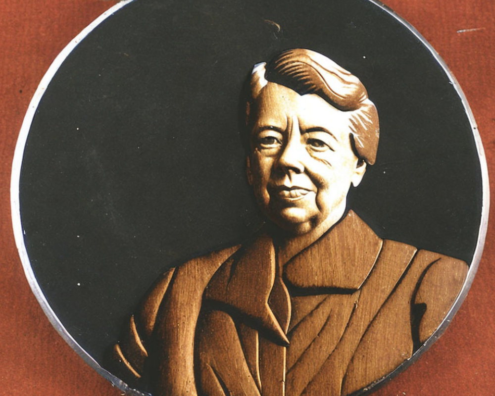 Metal medallion with smiling portrait in bas-relief against dark background