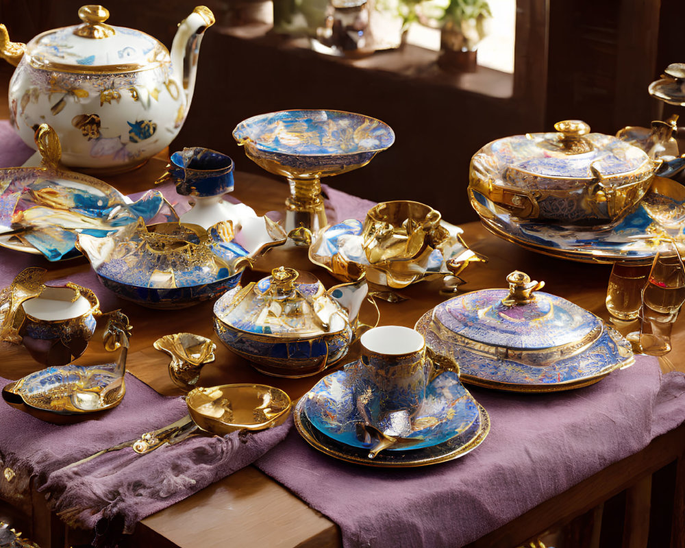 Blue and Gold Tea Set with Teapot, Cups, Saucers, and Sugar Bowl on Purple