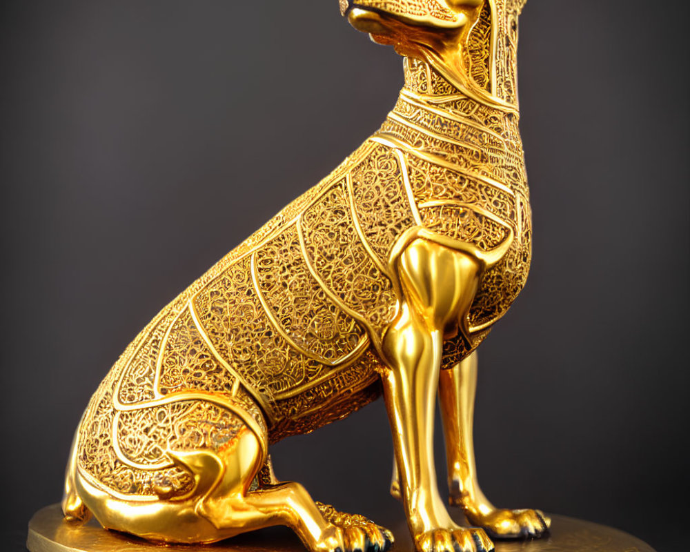 Golden Seated Dog Statuette with Purple Gemstone on Collar