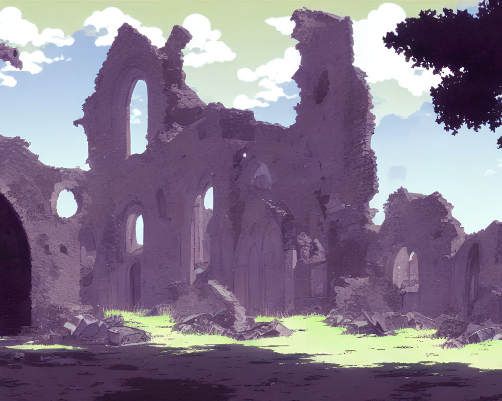 Gothic ruins with archways and crumbling walls in overgrown setting