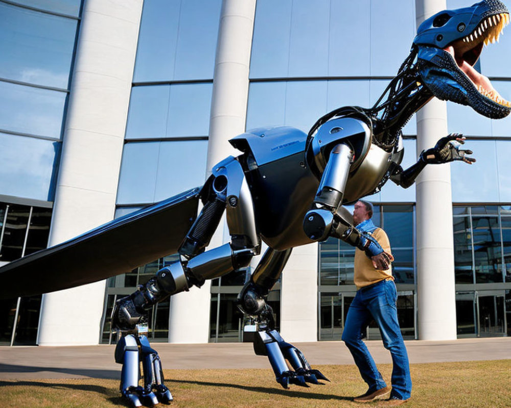 Sleek mechanical dinosaur robot next to modern glass building