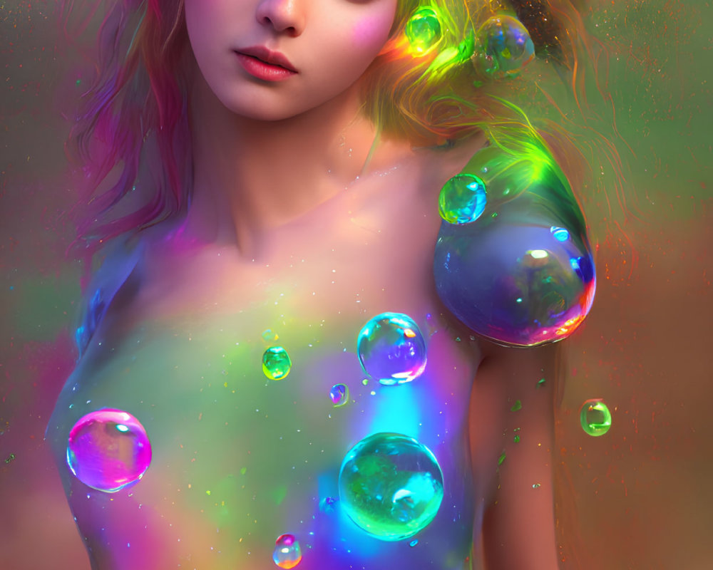 Multicolored hair and skin with iridescent bubbles in dreamy portrait