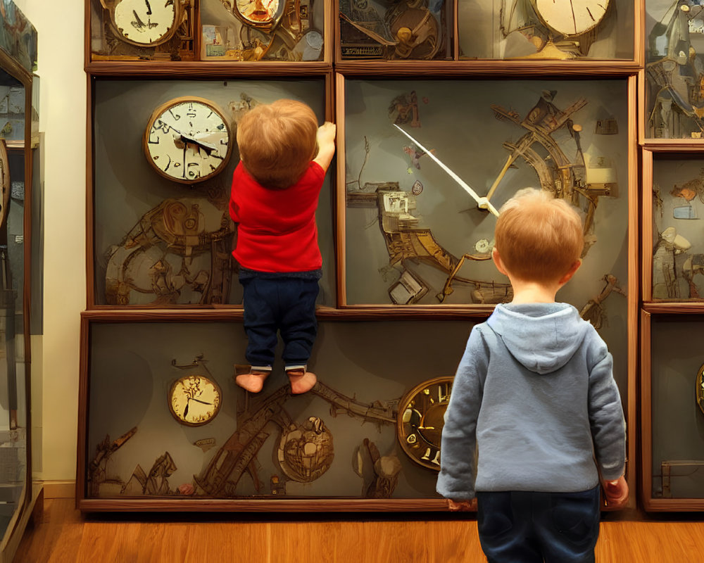 Toddler in red shirt climbs clock display, reaching for clock hand, while child in blue hoodie watches