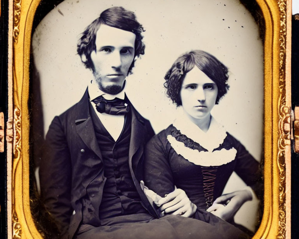 Vintage Portrait of Stern-Looking Couple in Elegant Oval Frame