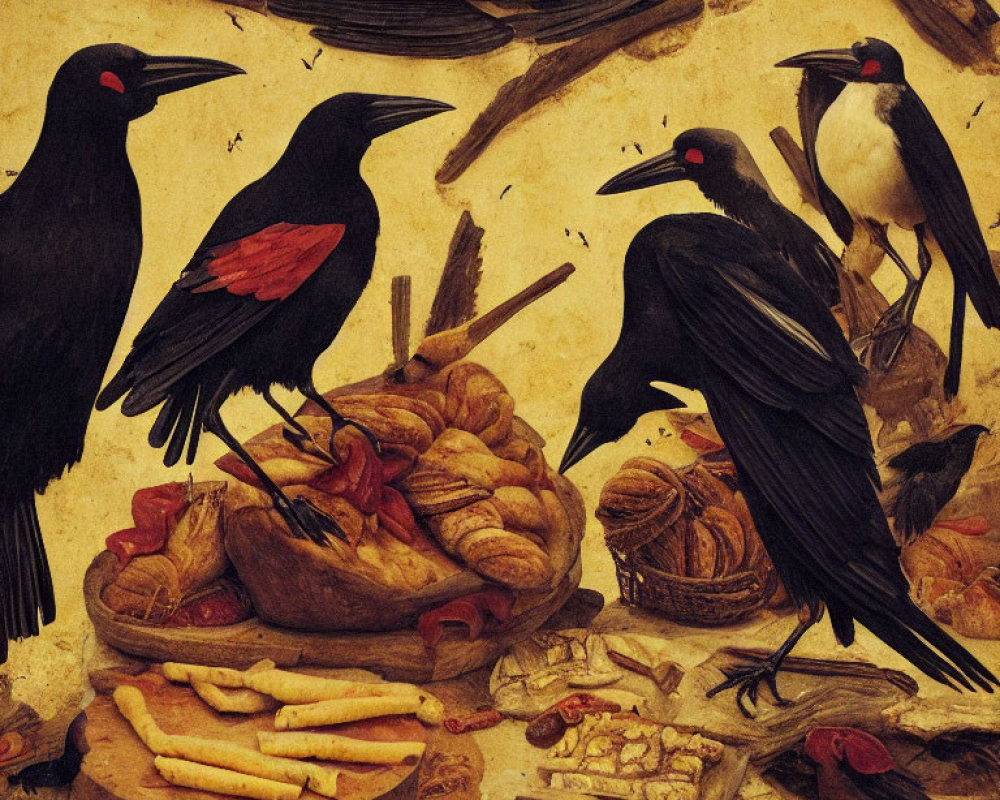 Artwork featuring four black birds with red patches amid bread and sticks.