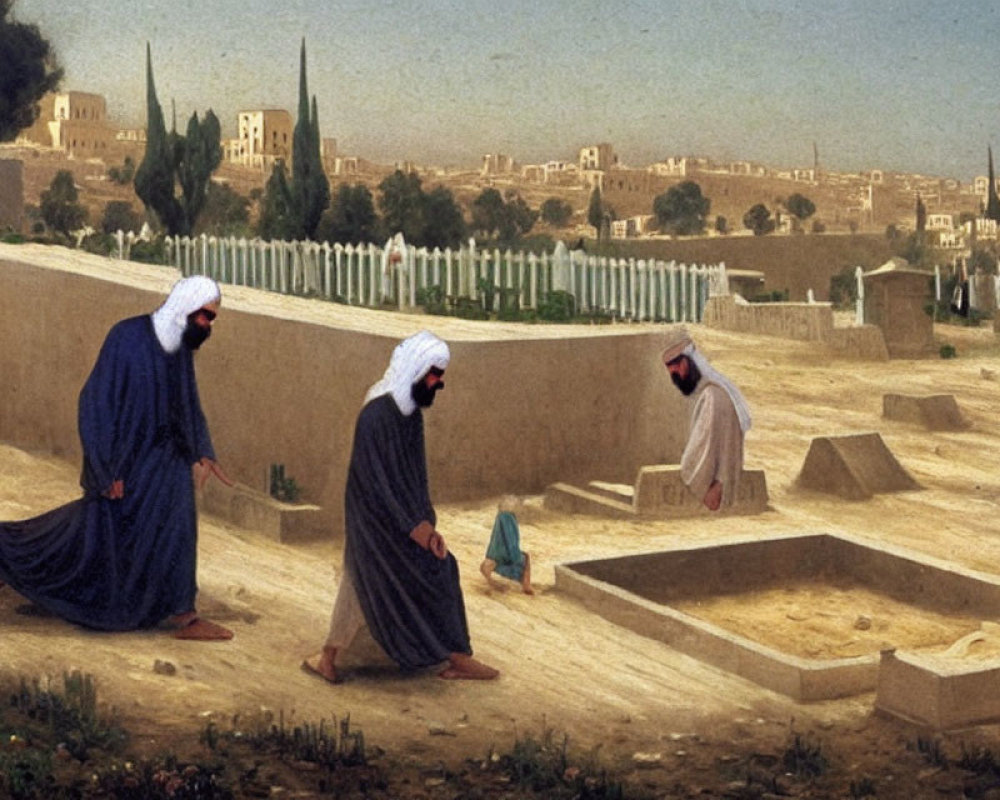 Traditional Arab Attire: Three Men Amid Ancient Graves and Cityscape