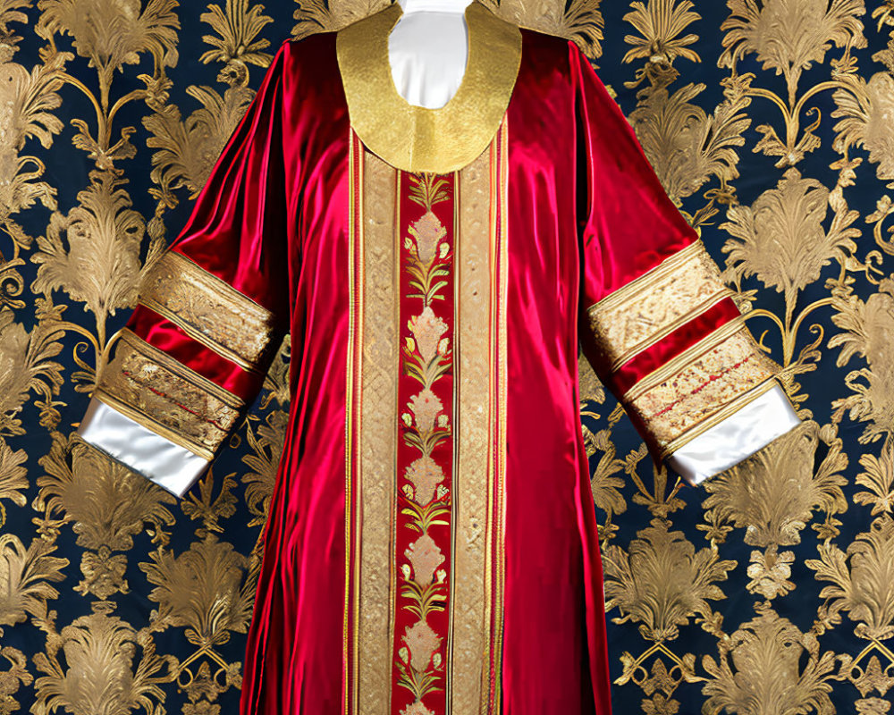 Red ceremonial robe with gold embroidery on blue and gold backdrop