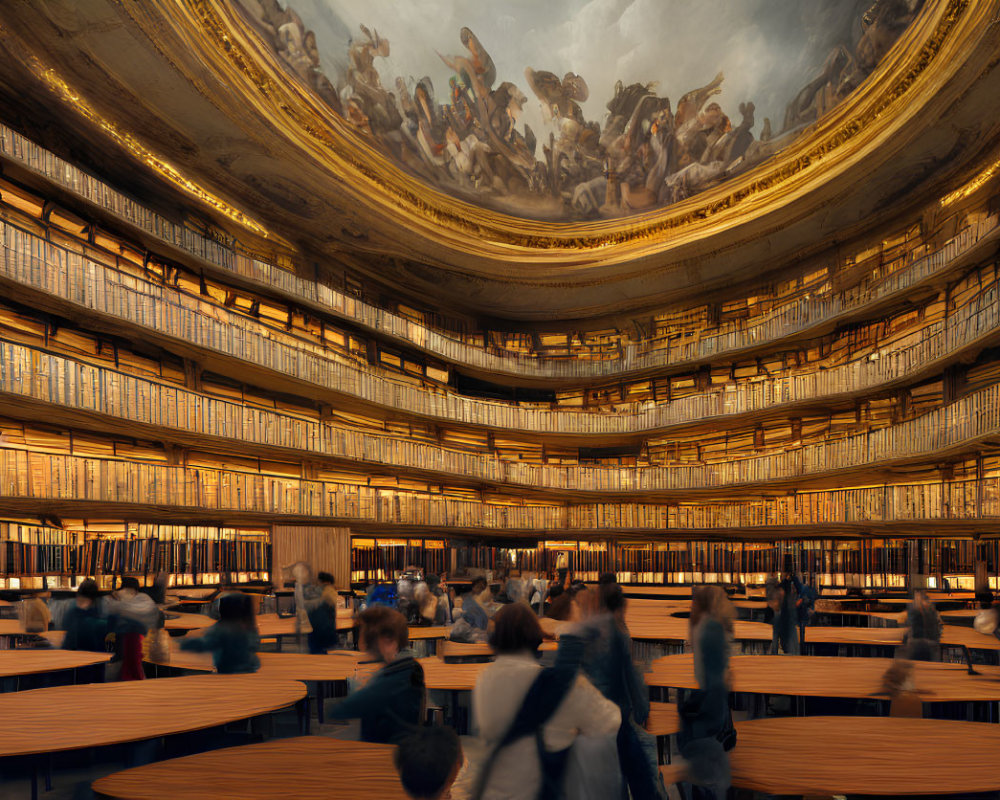 Circular multi-level library with dome ceiling mural and reading visitors