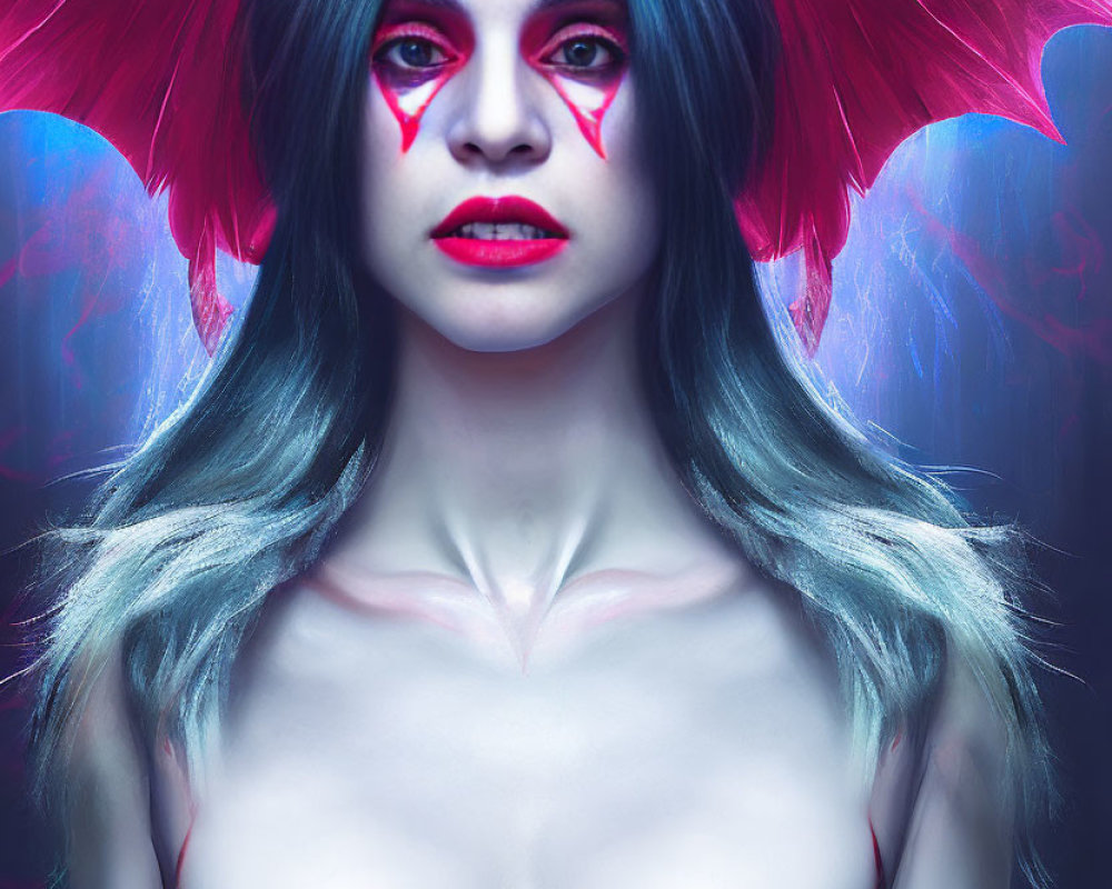 Fantasy image: Person with blue hair, pink horns, red eyes, and tear-like facial mark