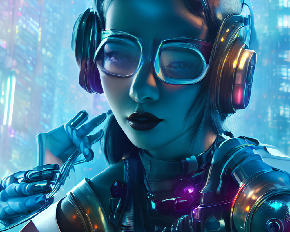 Blue-skinned female cyborg in headphones and glasses among neon-lit buildings