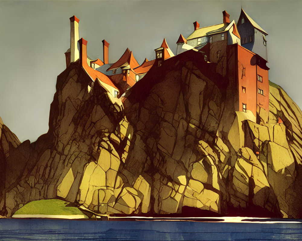 Whimsical castle with orange roofs on cliffs by water