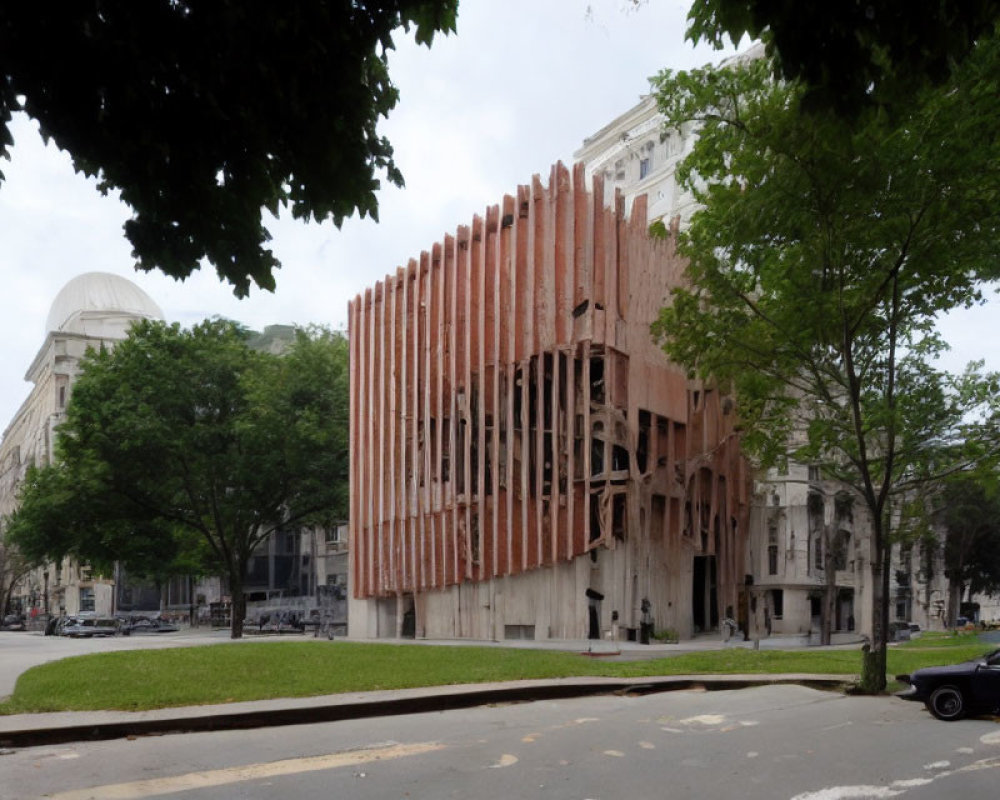 Unique Rust-Colored Vertical Fin Facade on City Street