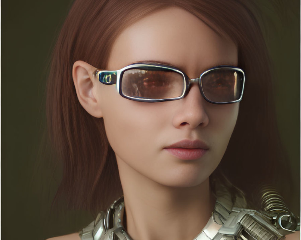 Futuristic digital portrait of a woman with silver necklace and reflective sunglasses