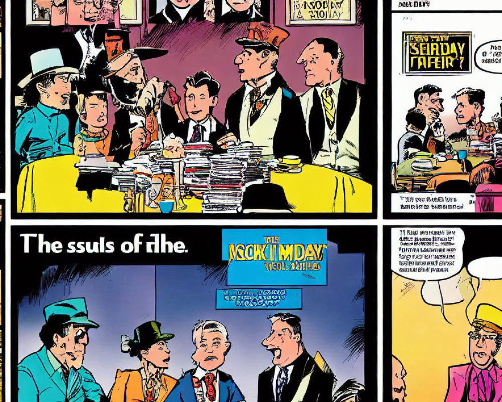 Vibrant comic strip with people in discussions and hats, papers on table