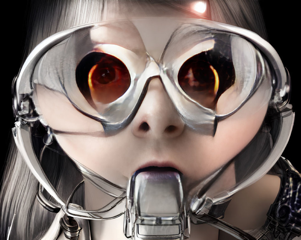 Humanoid with reflective goggles, red eyes, silver hair, and metallic mouthpiece on dark background