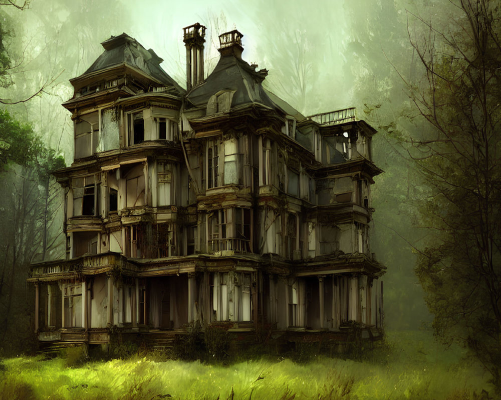 Abandoned Victorian mansion in misty forest setting