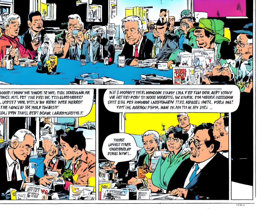 Vibrant Comic Strip Panel: Characters at Conference Table