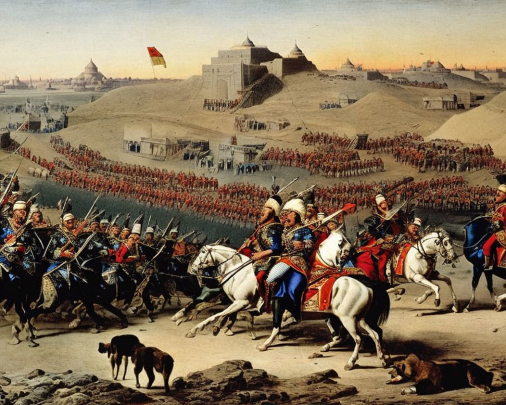 Historical battle scene with charging cavalry, soldiers in formation, and fortresses at dusk