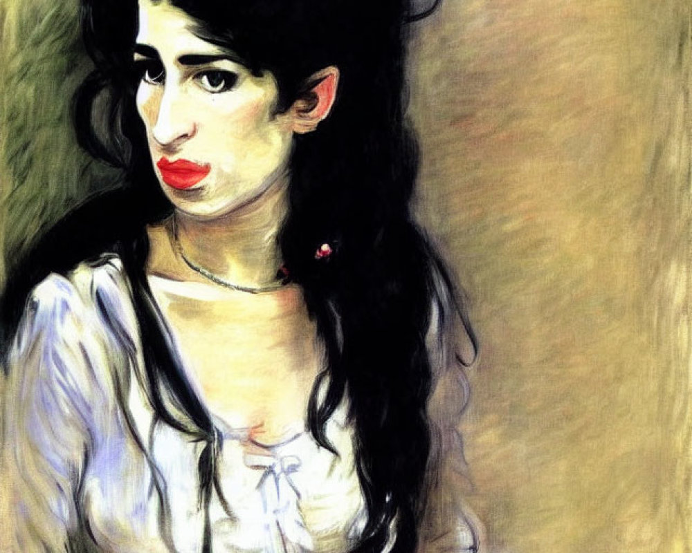 Portrait of Woman with Black Hair and Red Lips in White Blouse and Red Skirt on Yellow Background