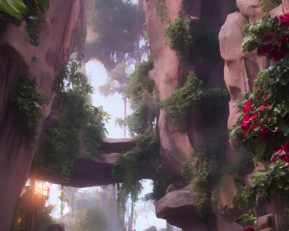 Scenic forest path with rocks, greenery, and red flowers