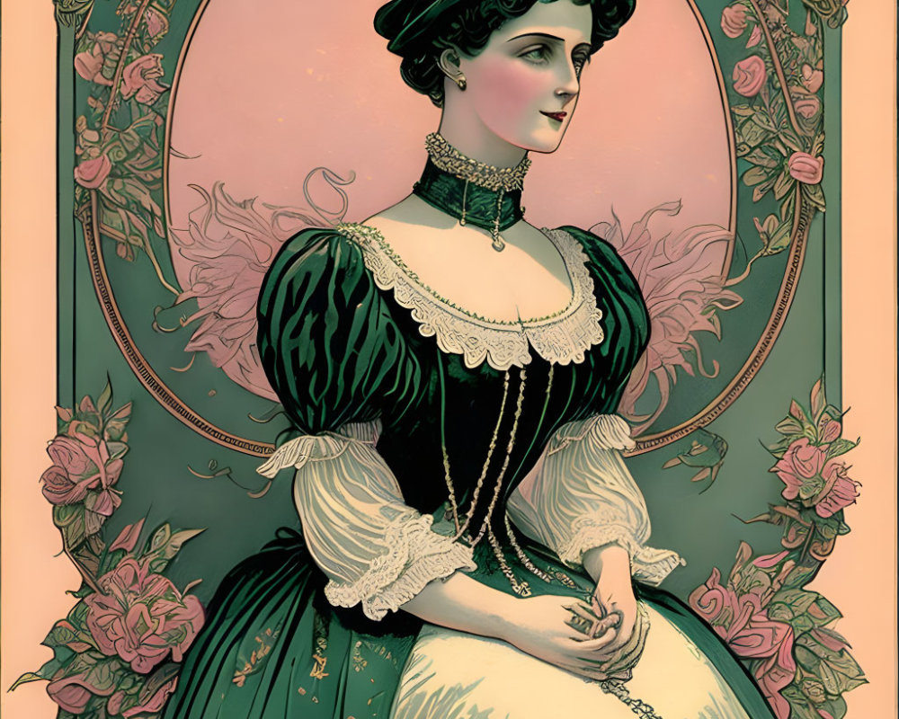 Victorian Woman in Green Dress with Lace Sleeves and Black Hat surrounded by Floral Patterns